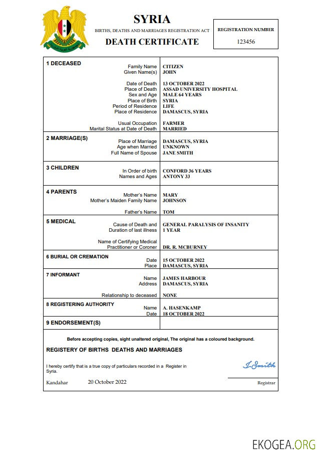 Modèle Word et PDF de certificat de décès de l'état civil de la Syrie